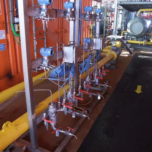 Gas metering lines inside a skid container